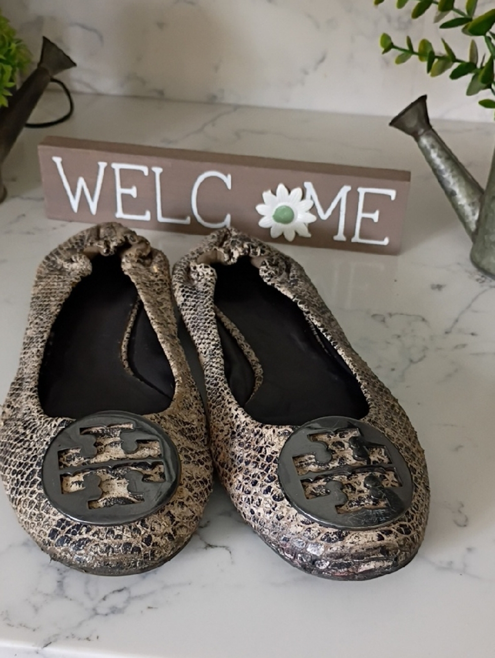 Tory Burch Metallic Snakeskin Logo Ballet Flats - Gold and Black